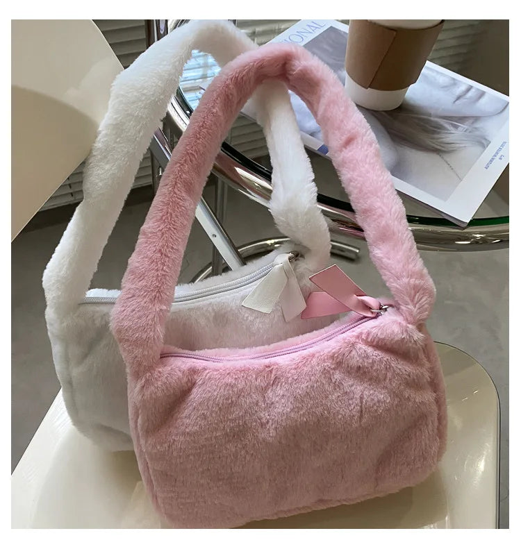 Simple Design Women's Soft Plush Hobo Shoulder Bag | Winter Furry Ladies Clutch Purse & Handbag (Fashion Female Underarm Bag) Luxegan