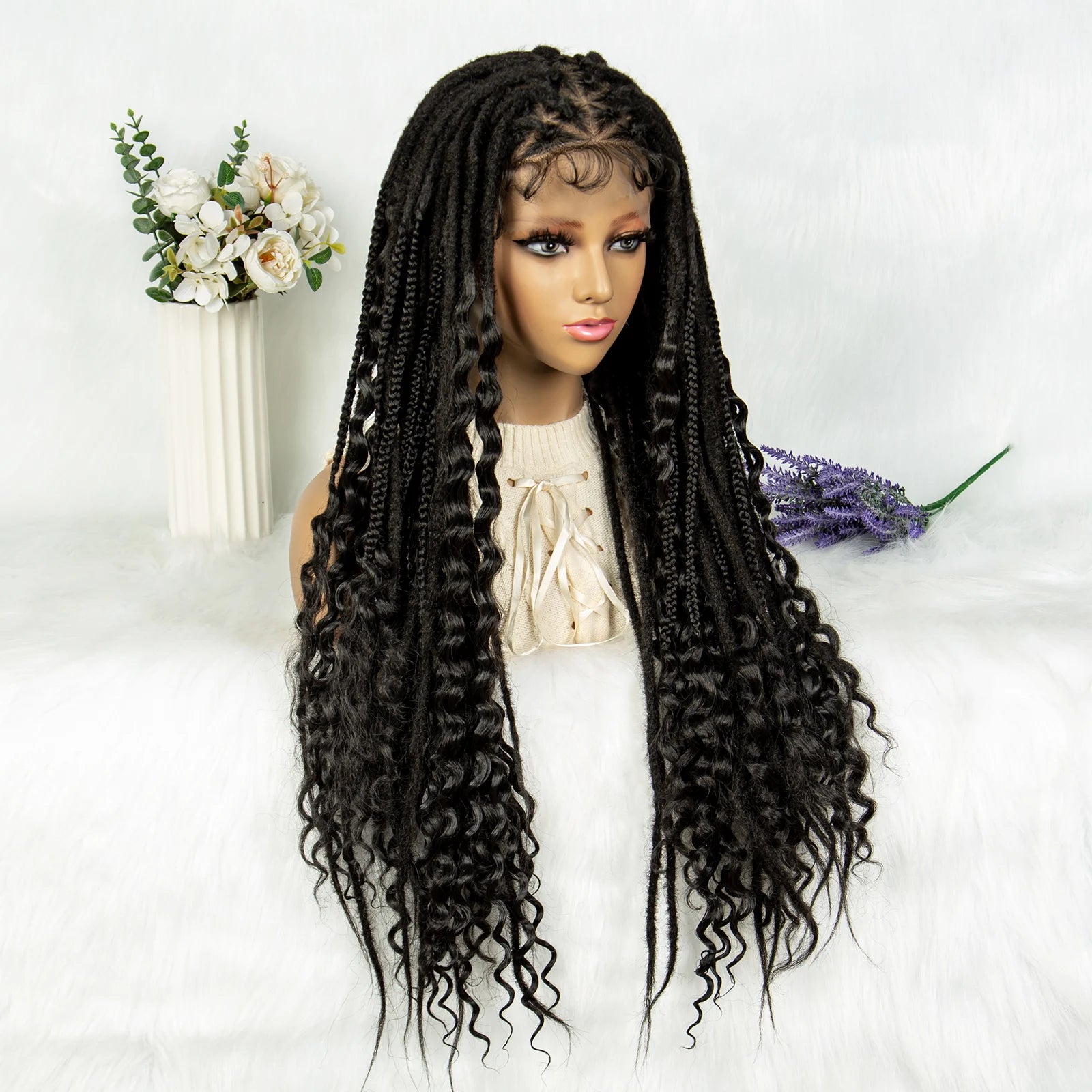 Curly End Dreadlocks Box Braids Wig | Full Lace Pre-Plucked Luxegan
