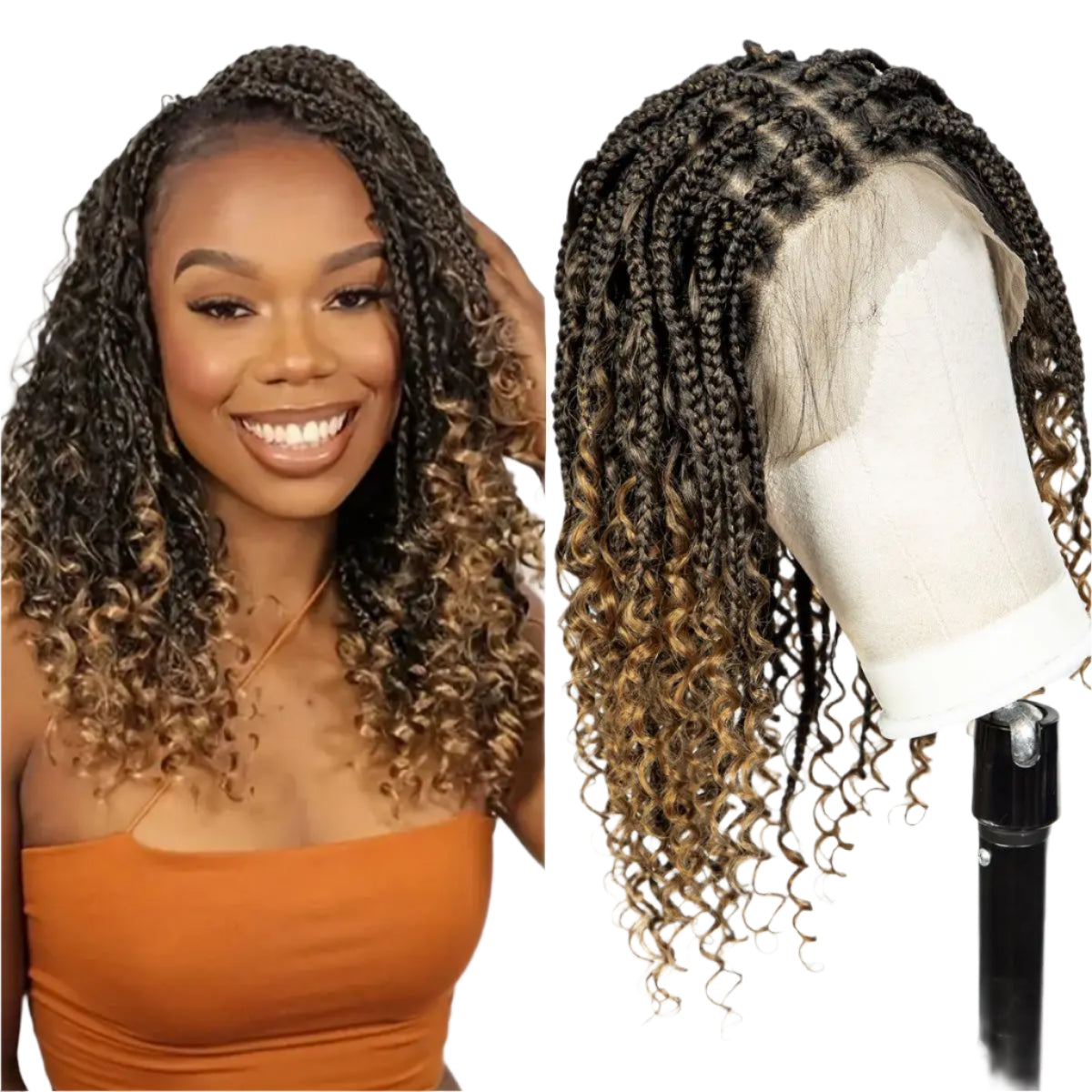 Knotless Box Boho Braided Wig with Curly Ends | Short Bob Style | Full Lace Synthetic Wig for Black Women Luxegan