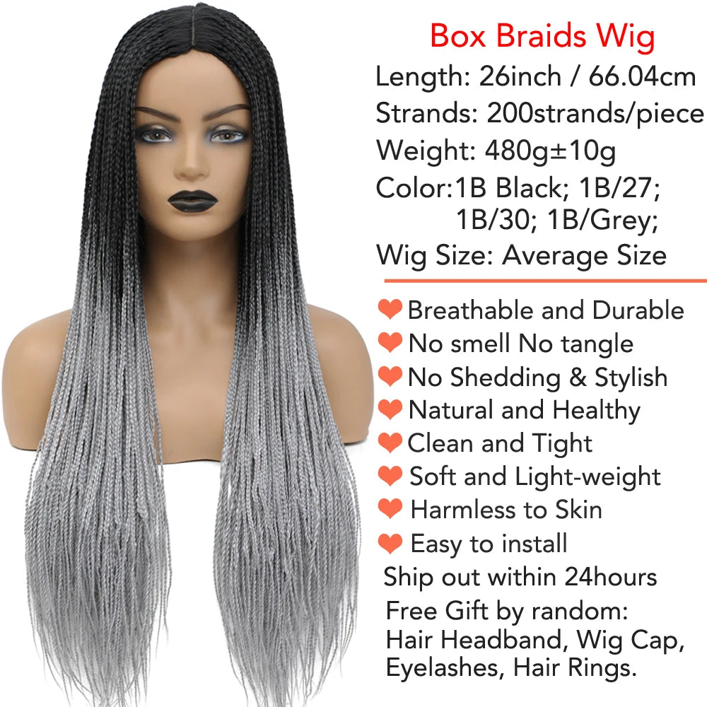 26" Ombre Box Braids Wig | Knotless | Crochet | 1B, 27, 30, Gray | Handmade Luxegan