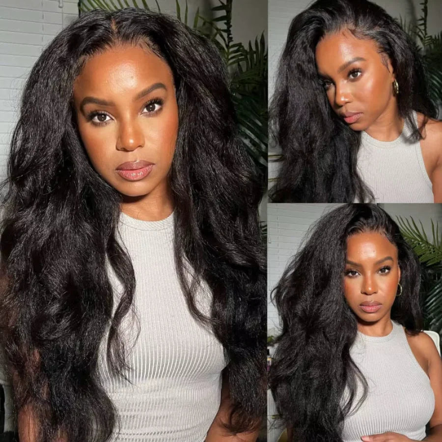 Kinky Straight 360 HD Lace Frontal Wig | Yaki Straight Ponytail Human Hair Wig for Black Women (Transparent Lace, Clearance Sale) Luxegan