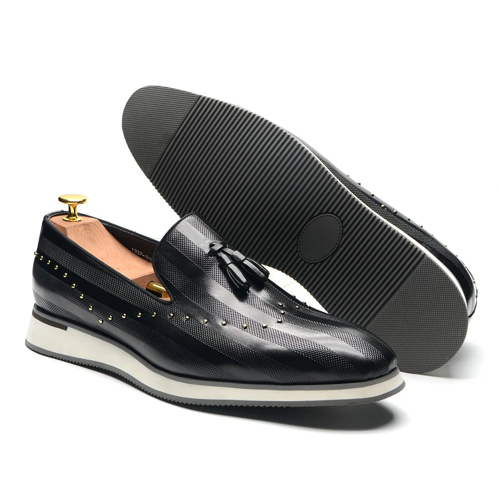 Top Grade Luxury Men's Genuine Leather Loafers | Original Stripe Rivets & Tassel Casual Flat Shoes Luxegan
