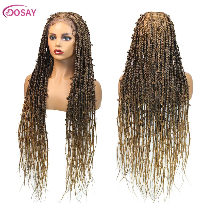 36" Butterfly Braided Full Lace Wig | Honey Blonde & Burgundy Goddess Locs | Synthetic Box Braids | Transparent Lace Luxegan