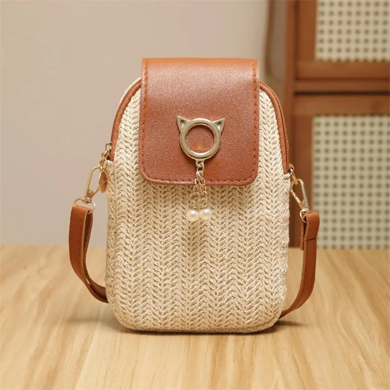 Handwoven Straw Shoulder Bag for Women | Fashion Solid Color Crossbody Purse with Lock Closure | Versatile Sequined Satchel with Rivet Accents | Lightweight Four-Season Straw Handbag Luxegan