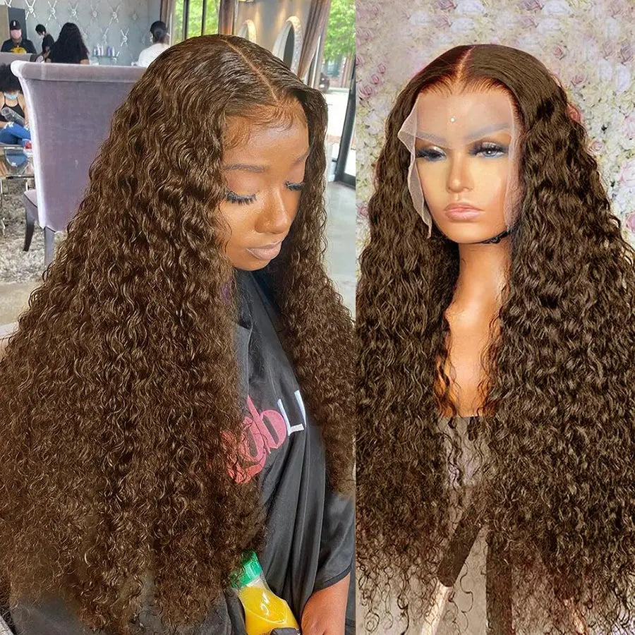 Chocolate Brown Deep Wave Frontal Wig | 13x4 HD Transparent Curly Lace Front Human Hair Wig (Bleached, Brazilian Brown Colored) Luxegan