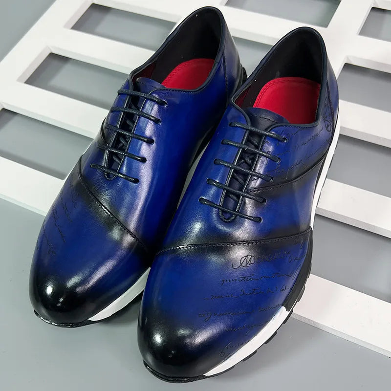Men's Genuine Leather Oxford Sneakers | Sophisticated Letter Engraving Panel Detail | Elegant "Cow Leather" Lace-Up Casuals | "Dignified" Spring/Autumn Outdoor Daily Shoes for Radiant Versatile Styling Luxegan
