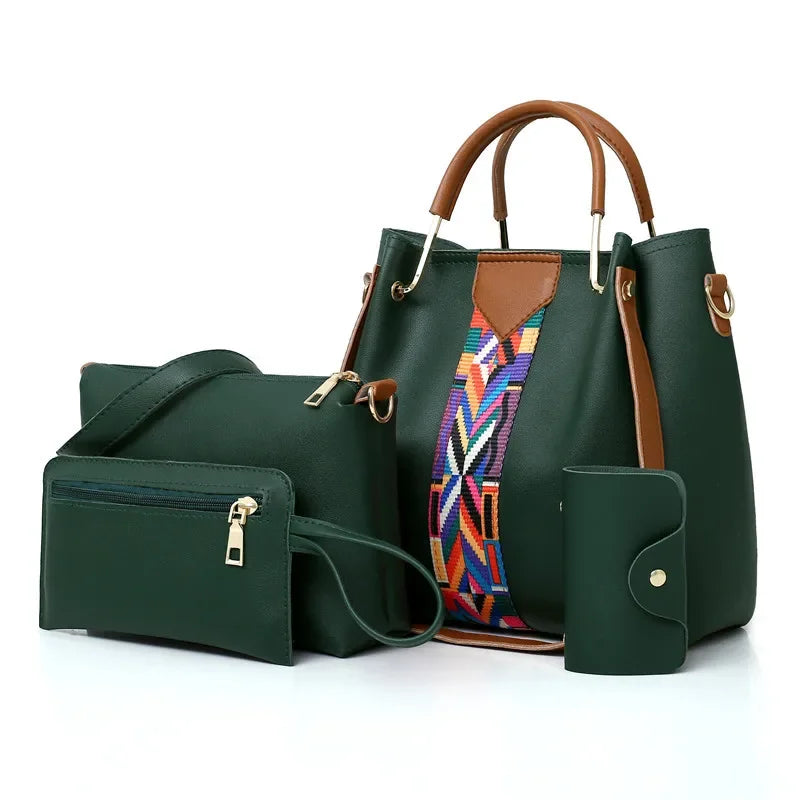 4 Pcs Luxury Handbag Set | Large Capacity Tote Bag, Fashion Shoulder Bag, Wallet & Card Case for Women (Patchwork) Luxegan