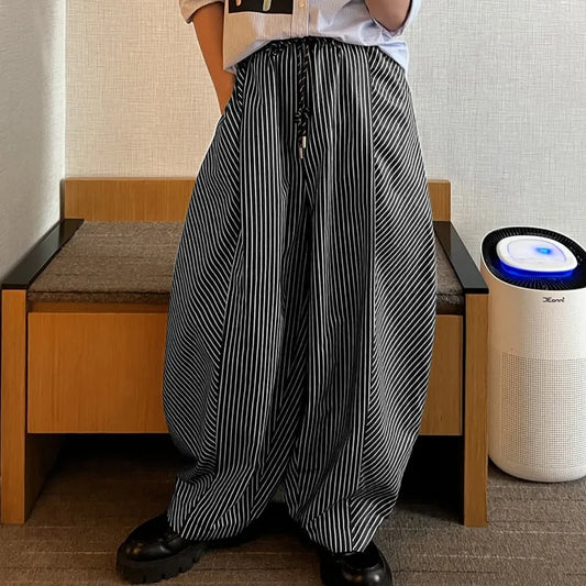 Men's Striped Loose Casual Trousers | Sophisticated "Wide-Leg" Streetwear Silhouette | Elegant "Oversize" Fashion Joggers | "Dignified" High-Performance Drawstring Long Pants for Radiant Versatile Styling Luxegan