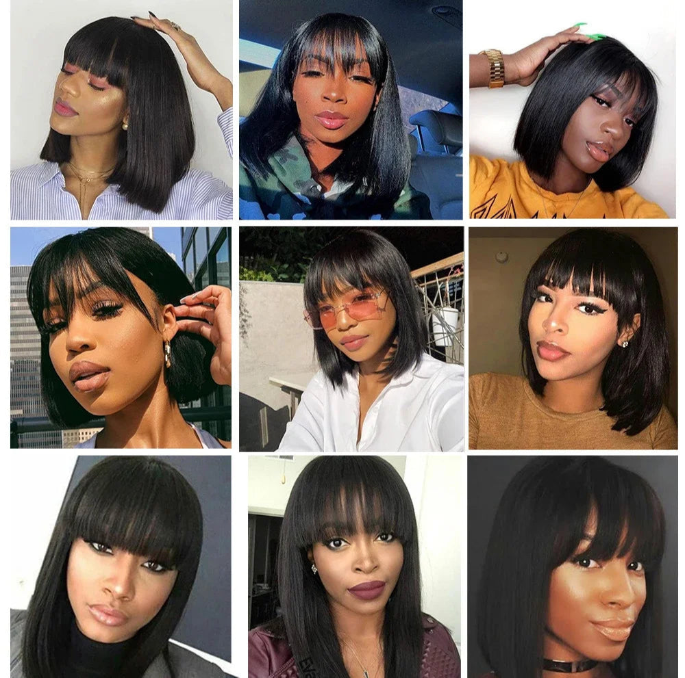 Peruvian Straight Bob Wig with Bangs | Full Machine Made Human Hair Wig | Natural Color