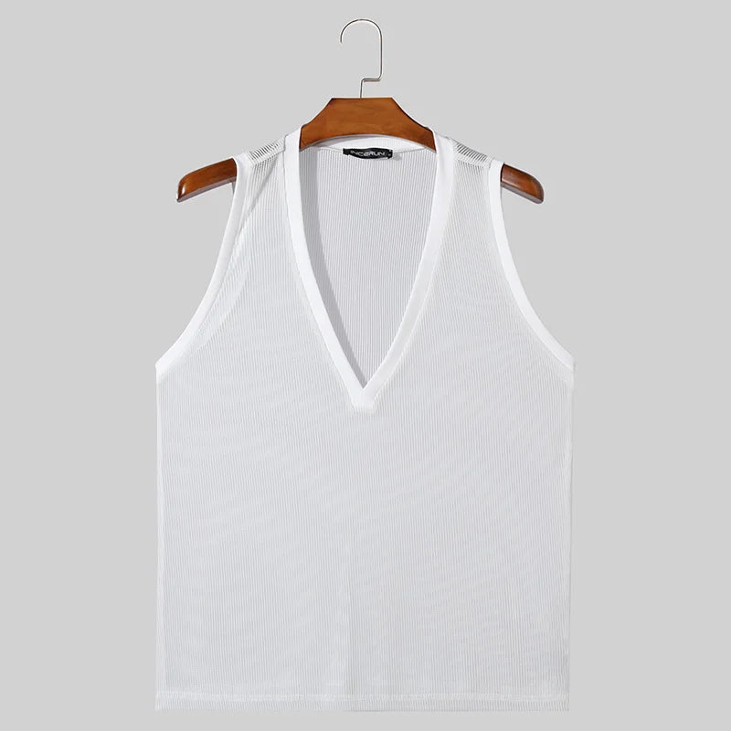 Men’s Handsome Deep V Knitted Tank Top | Sophisticated "Vertical Stripe" Hollow Silhouette | Elegant Leisure Streetwear Thin Vest | "Dignified" High-Performance Summer Knitwear for Radiant Versatile Styling Luxegan