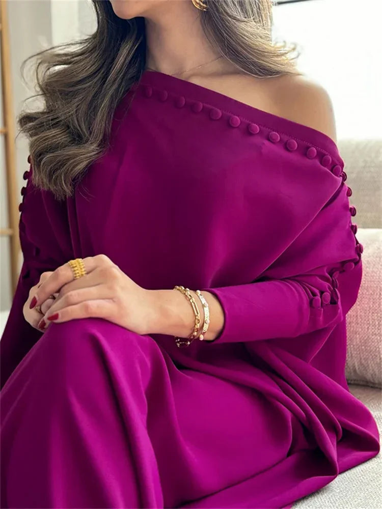 Rose Red Batwing Sleeve Maxi Dress | Sophisticated Off-Shoulder Diagonal Collar Silhouette | Elegant "Floor-Length" Evening Gown | "Dignified" American Retro Loose Fit Dress for Radiant Versatile Styling Luxegan
