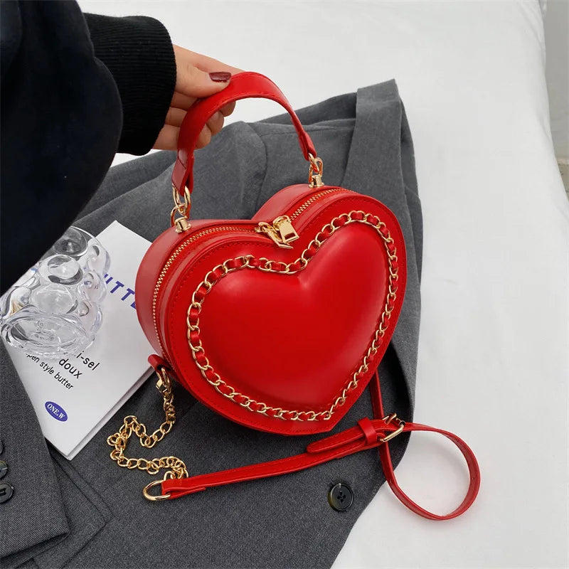 Women’s Red Love Heart-Shaped Shoulder Bag | Fashion Heart Crossbody Bag with Embroidery | Elegant Ladies' Chain Purse & Heart Clutch | Romantic PU Leather Flap Bag Luxegan