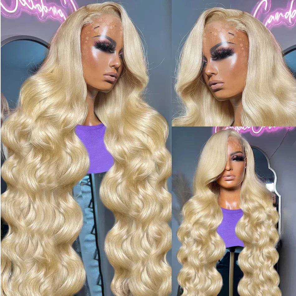 250% Density 30/40 Inch 613 Honey Blonde Body Wave 13x6 HD Transparent Lace Frontal Wigs Brazilian Remy Human Hair
