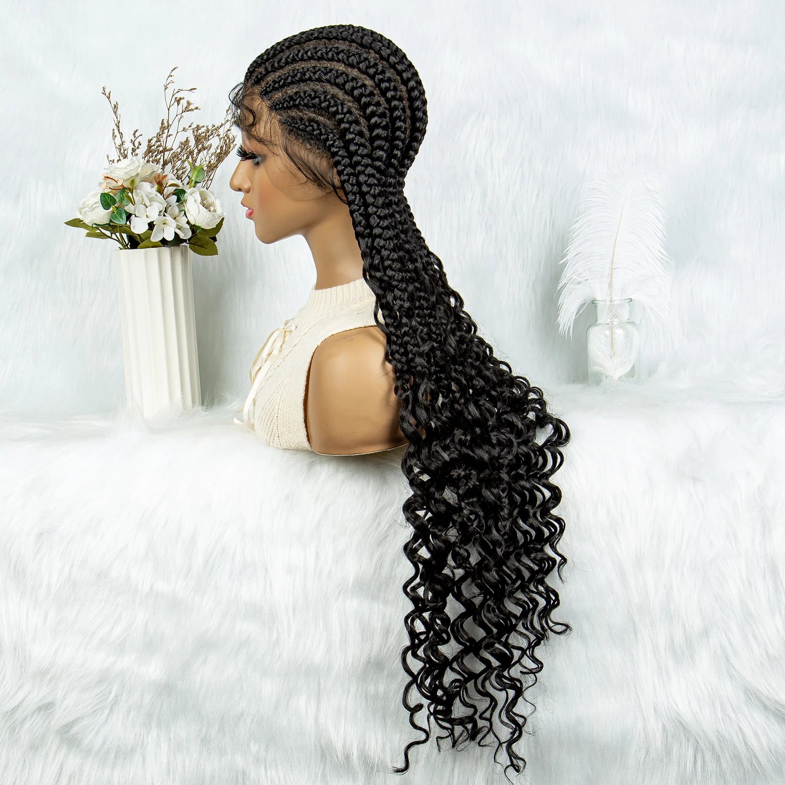 2024 KIMA Cornrow Water Wavy Braided Full Lace Wig with Baby Hair | Synthetic African Braid Lace Front Wig Luxegan