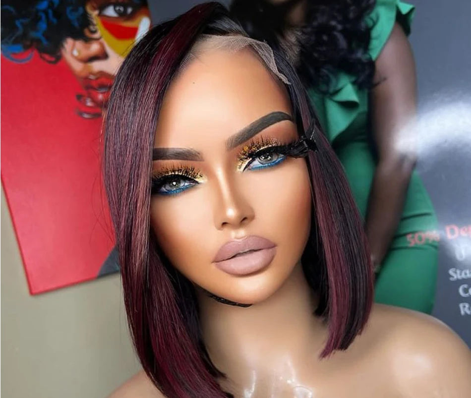 Burgundy Highlight Straight Bob Wig | 5.5x4.5 PU Silk Top Lace Closure Brazilian Human Hair (Glueless, Side Part) Luxegan