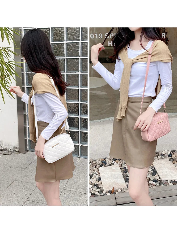 Trendy Lingge Embroidery Canvas Camera Crossbody Bag | Fashion Chain Tassel Small Messenger Bag for Women Luxegan