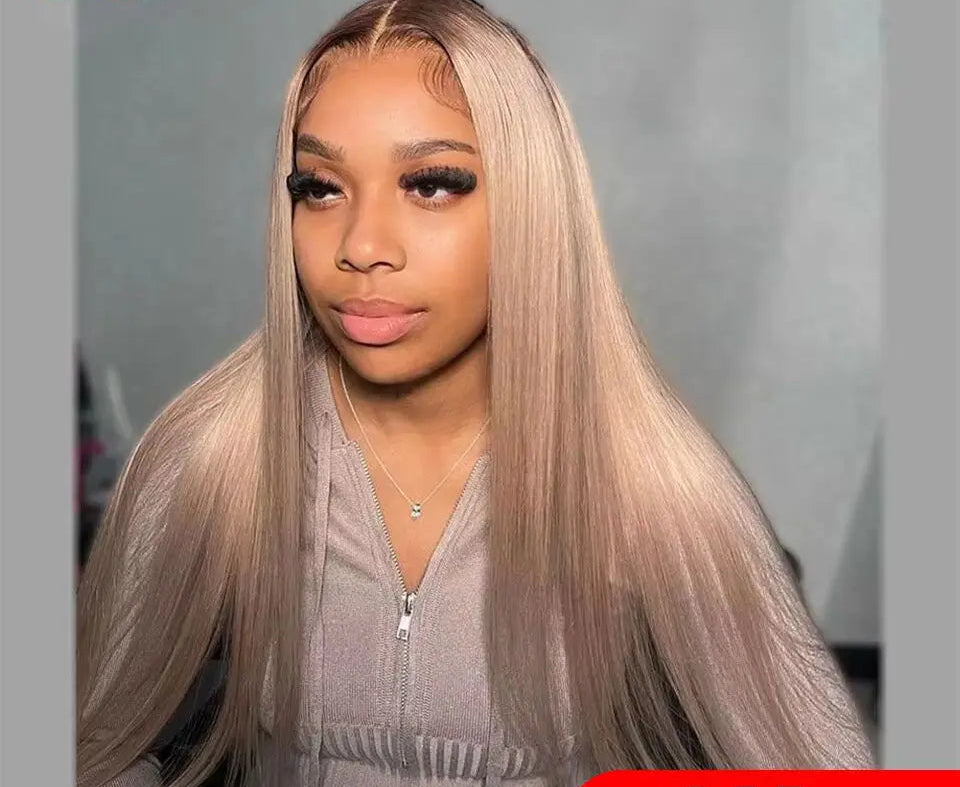 200% Density Ombre Ash Blonde Straight Wig | Sophisticated 13x4 HD Transparent Lace Frontal | Elegant Brown Rooted Brazilian Human Hair | "Dignified" 26+ Inch Pre-Plucked Remy Hair for Radiant Versatile Styling Luxegan