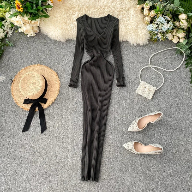 New Autumn V-Neck Knitted Dress | Sophisticated Slim Elastic Bodycon Sweater Gown | Elegant "Full Sleeve" Silhouette | "Dignified" High-Stretch Warm Long Dress for Radiant Versatile Autumn & Winter Styling Luxegan