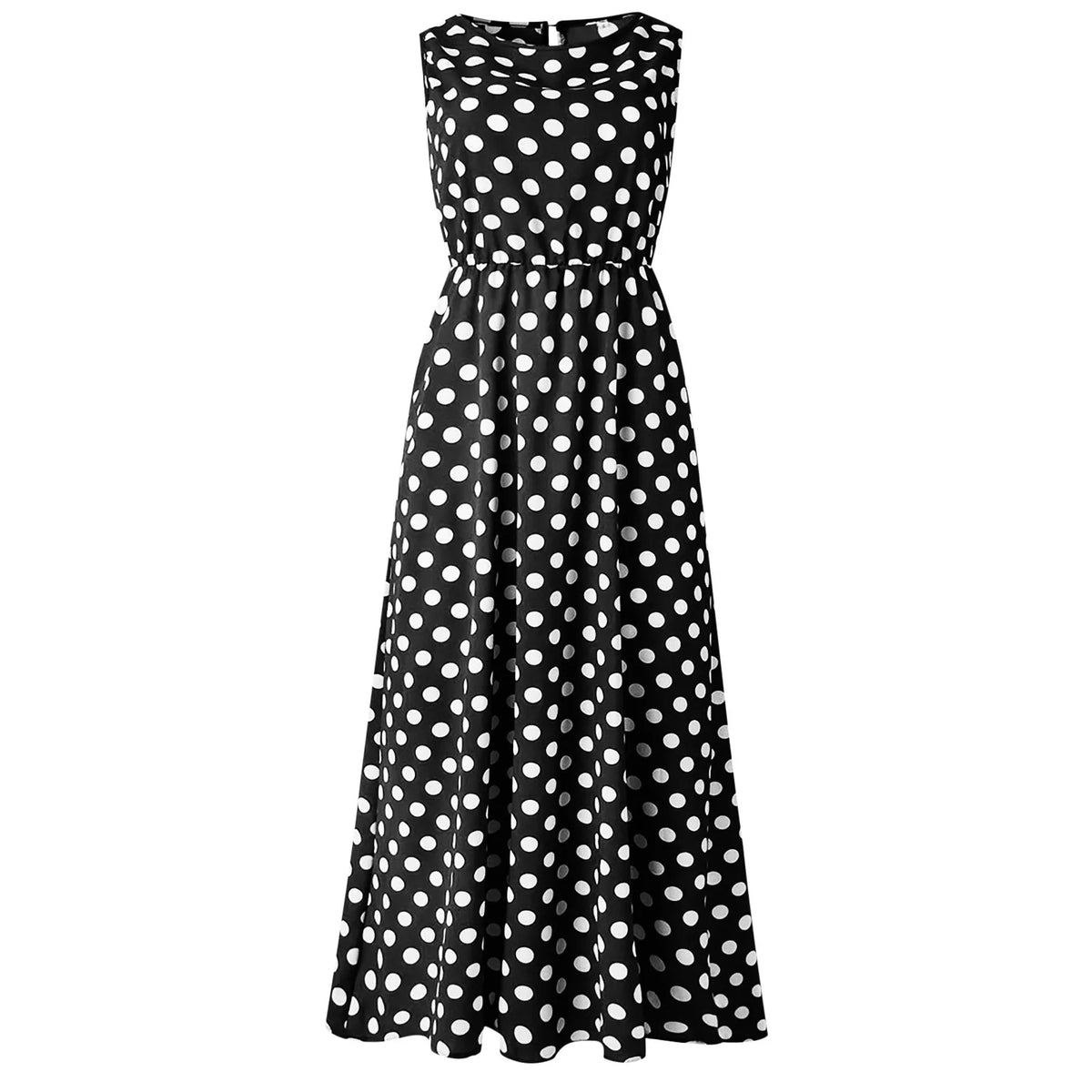 Women's Polka Dot Boho Summer Beach Sundress | Elegant Sleeveless Belted Evening Party Dress | Vintage O-Neck High Stretch Holiday Maxi Dress | Premium Cotton Polyester A-Line Luxegan