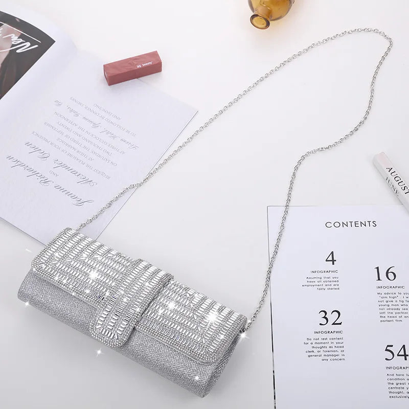 Luxury Crystal Evening Clutch | Sophisticated Diamond-Encrusted Dinner Bag | Elegant Envelope Handbag with Armpit Chain Strap | "Dignified" Sparkling Accessory for Weddings & High-Profile Parties Luxegan