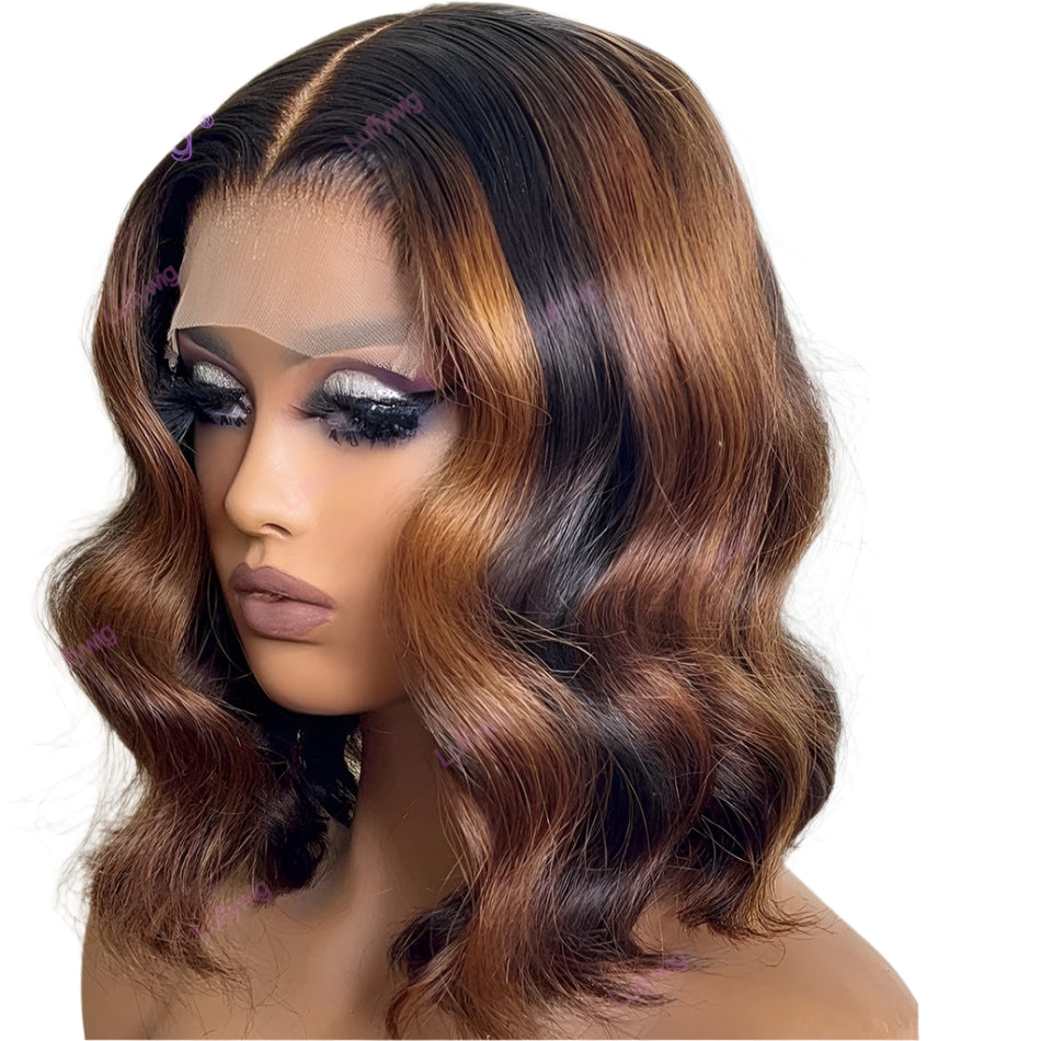 Ombre Honey Blonde Pixie Cut Bob Wig with Bangs | 13x6 HD Lace Front Human Hair | 150-200% Density Luxegan