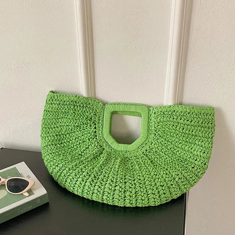 Summer Half-Moon Straw Beach Handbag | Sophisticated Handmade Rattan Handle Tote | Elegant Knitted Bohemian Shoulder Bag | Luxury Fashion-Forward Vacation Purse with "Dignified" Artisan Texture Luxegan