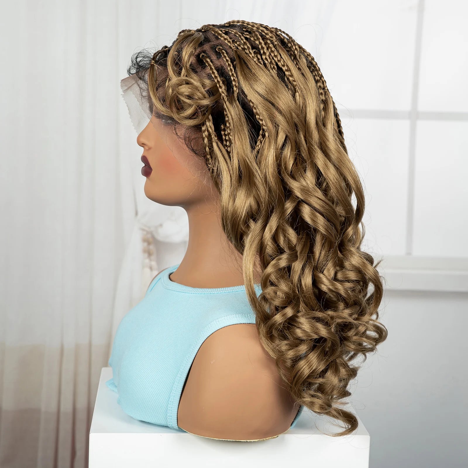 18" Bouncy Wavy Knotless Braids Wig | Full Lace | Bangs | Baby Hair Luxegan