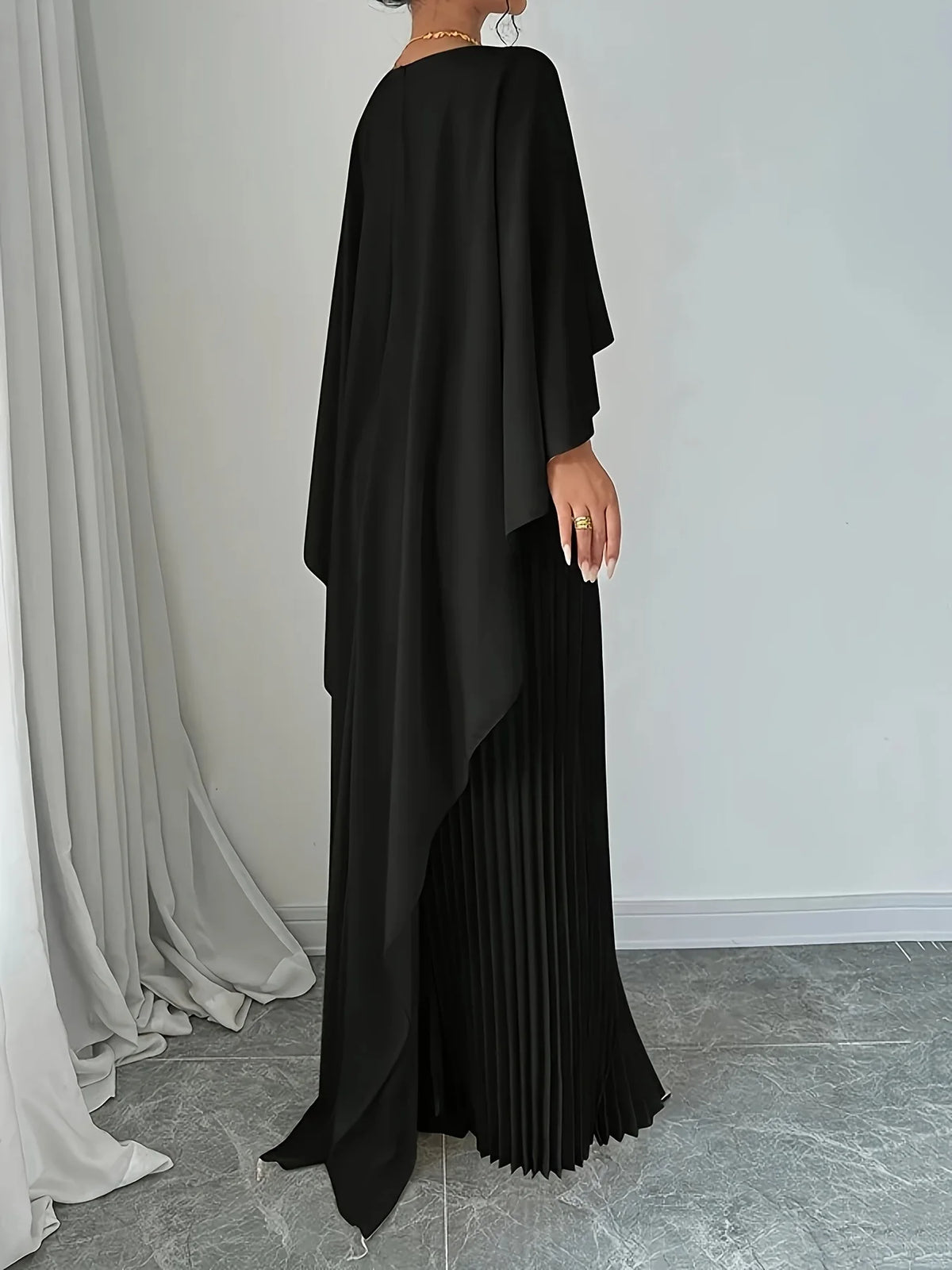 Women's Fashion Loose Bat Sleeve Long Dress | Elegant Spring Summer Curling Irregular Dress | Minimalist O-Neck Seven-Inch Sleeve Gown | Premium Acetate Slight Stretch Casual Floor-Length Vestido Luxegan