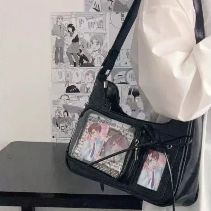 New Y2K Japanese Harajuku "Ita" Shoulder Bag | Transparent Window DIY Pin Display Handbag | Trendy PU Leather School Crossbody for Girls & Women Luxegan