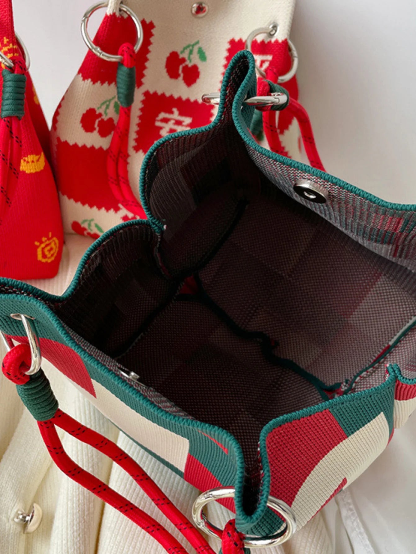 Red and Green Colour-Blocking Knitted Tote Bag | Small Square Double Handle Bag Luxegan