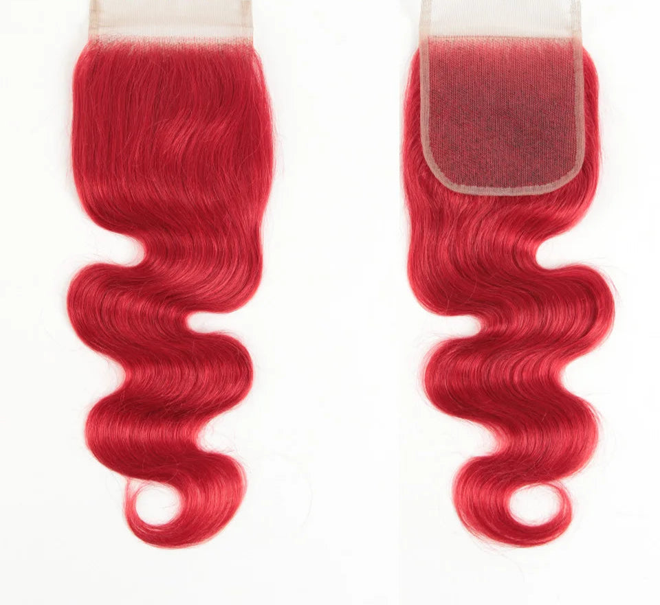 180% Density Red Straight 4x4 Lace Closure | 100% Brazilian Human Hair (Pre-Plucked, Transparent Swiss Lace) Luxegan