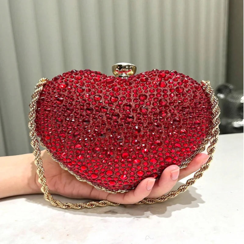 Luxury Diamond Inlay Heart-Shaped Clutch | Sparkling Crystal Wedding & Party Purse | High-End Rhinestone Evening Shoulder Bag | Designer Beaded Messenger Bag for Women Luxegan