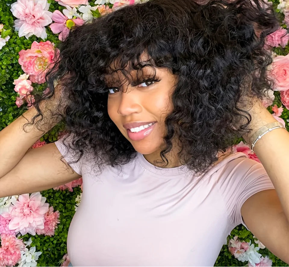 Highlight Honey Blonde Jerry Curly Pixie Bob Wig with Bangs | Full Machine Made Human Hair Luxegan