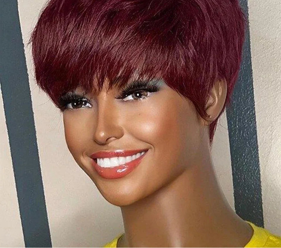 Rebecca Burgundy Red & Blonde Pixie Bob Wig | Short Straight Glueless Human Hair with Bangs Luxegan