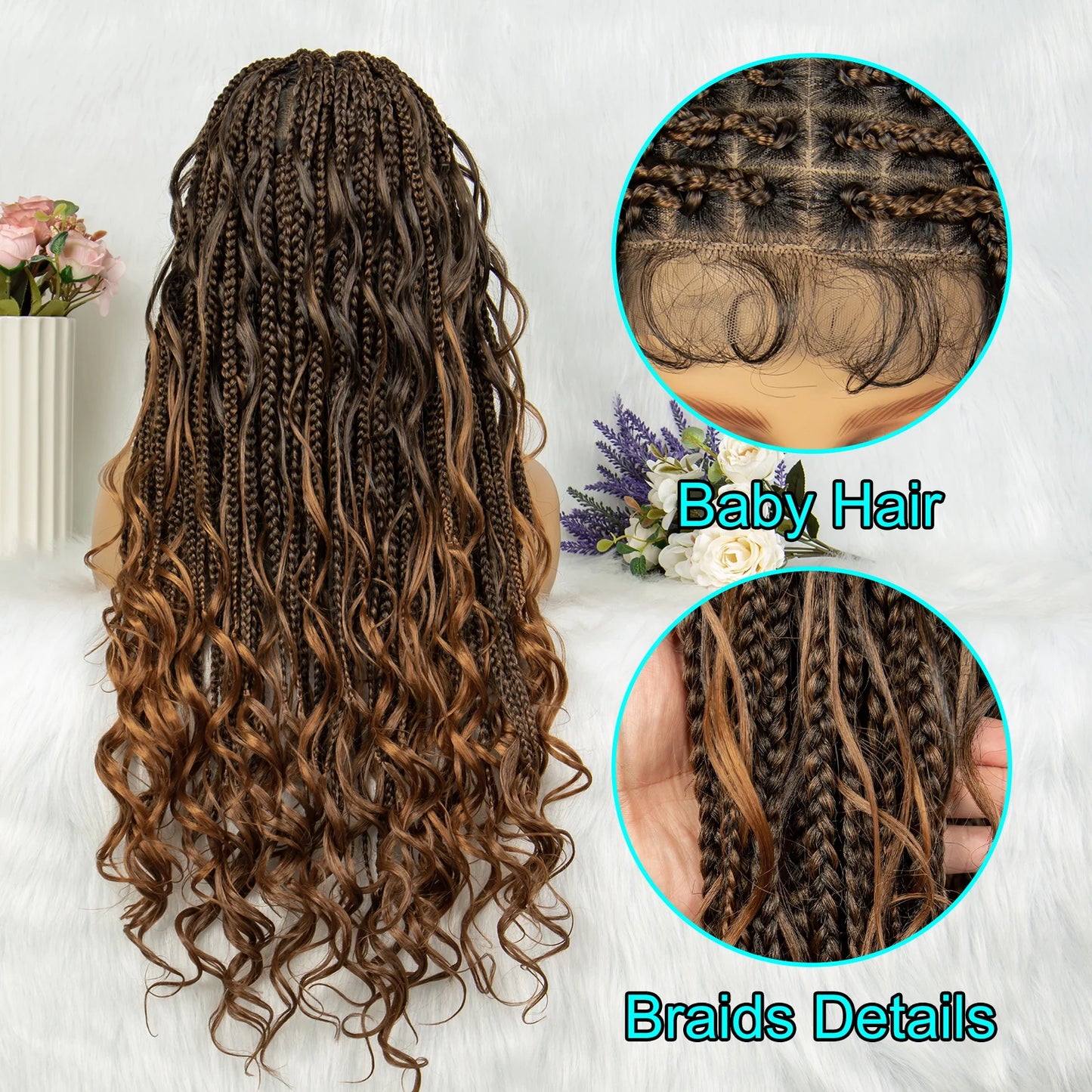 34" Full Lace Knotless Braided Wig with Baby Hair | Synthetic Lace Front Wig for Black Women | Long Braids Luxegan