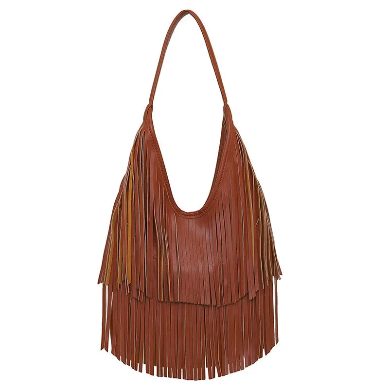 Trendy Long Tassel Hobo Underarm Shoulder Bag | Designer Large Capacity Women's Tote Bag | Soft Solid Color PU Handbag (Black, Brown) Luxegan