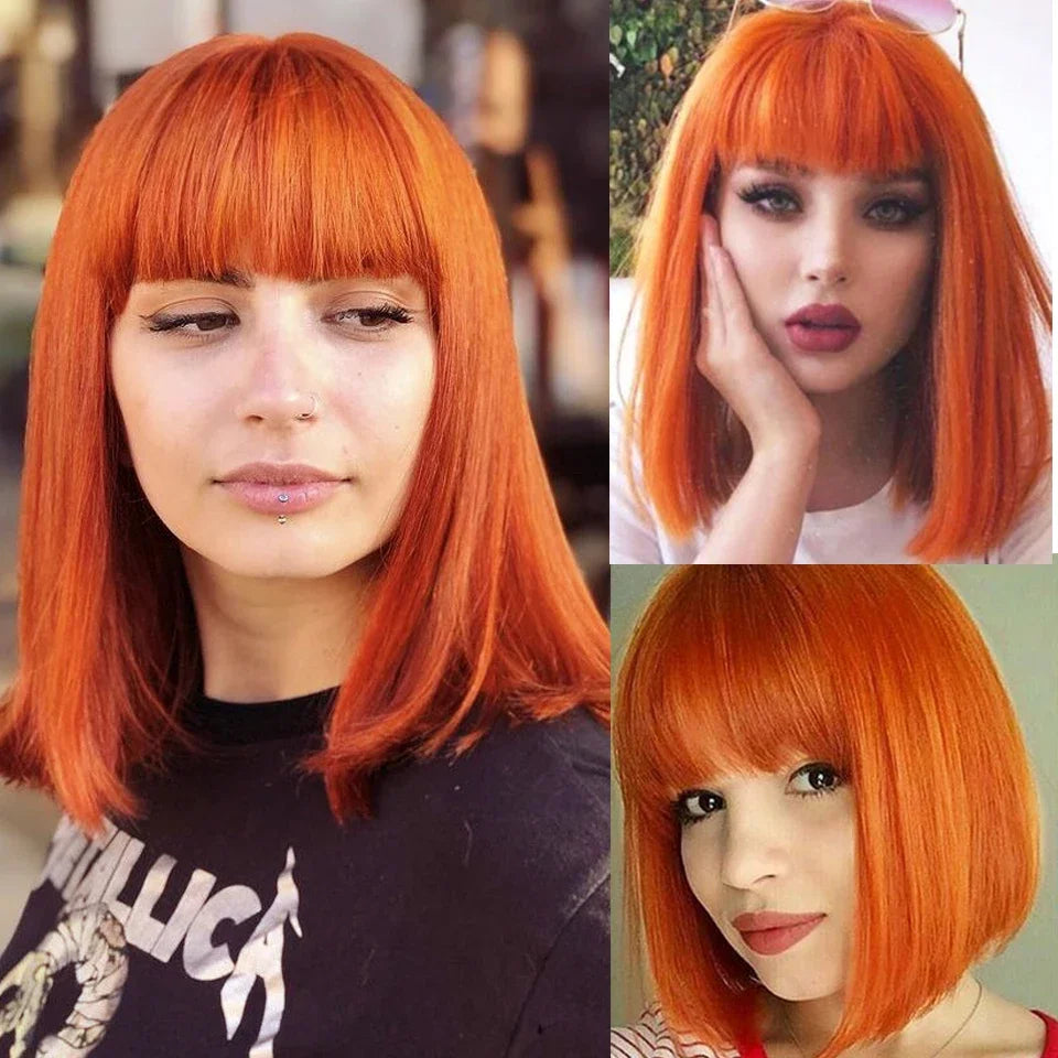 Rebecca Orange Blonde & 99J Red Straight Bob Wig with Bangs | Human Hair Machine Made Luxegan