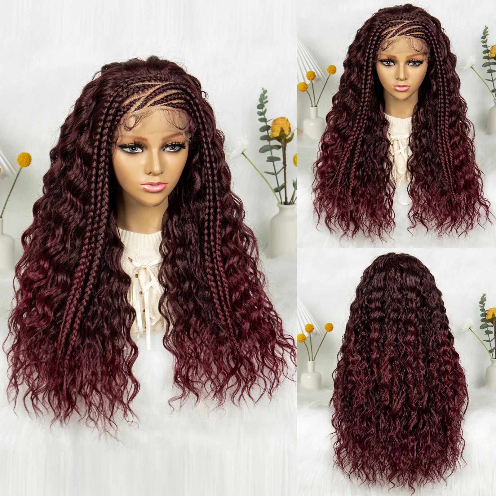 Burgundy Cornrow Stitch Curly Braids Wig | 13x4 Lace Front | Baby Hair | KIMA Luxegan