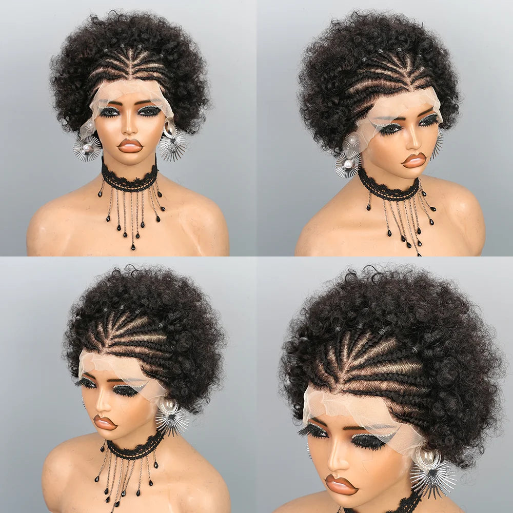 Short Afro Puff Braided Wig | 13x4 Lace Front Human Hair | Pre-Braided Cornrow Wig Luxegan