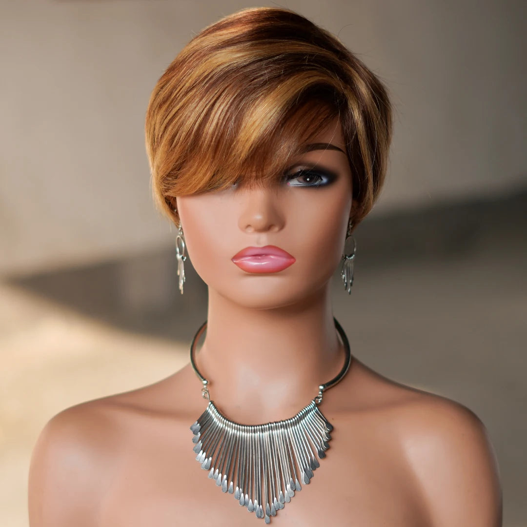 6 Inch Pixie Cut Human Hair Wig with Bangs | P4/27 Natural Highlight | Short Straight Remy Hair Luxegan