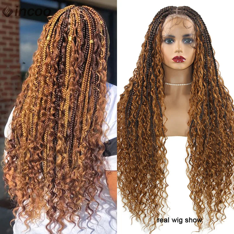 613 Blonde Boho Box Braids Wig | Curly Ends | Full Lace Front | Goddess Locs Accents Luxegan