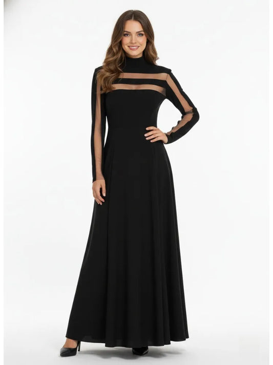 Turtleneck Long Sleeve Mesh See-Through High Waist Flared A-Line Maxi Gown | Elegant Evening Party Dress Luxegan