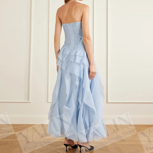 Floral Ruched A-Line Prom Dress | Strapless Ankle-Length Draped Evening Gown Luxegan