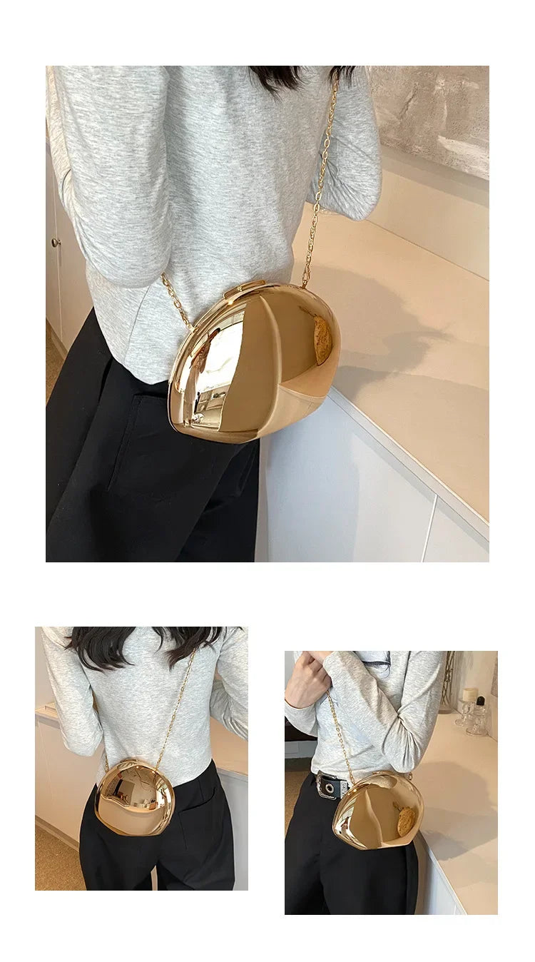 Designer Acrylic Shell Shape Clutch Bag | Gold Silver Women's Evening Party Bag (Cute Shiny Metal Shoulder & Crossbody Purse) Luxegan