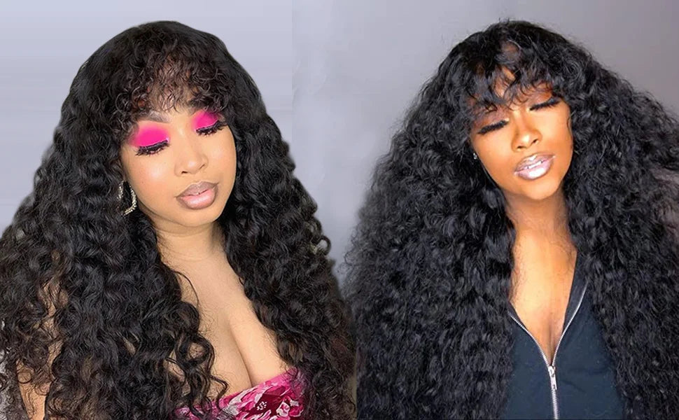 30 Inch Loose Water Wave Wig with Bangs | Full Machine Made Brazilian Remy Human Hair (Natural, All Colors Dyeable) Luxegan