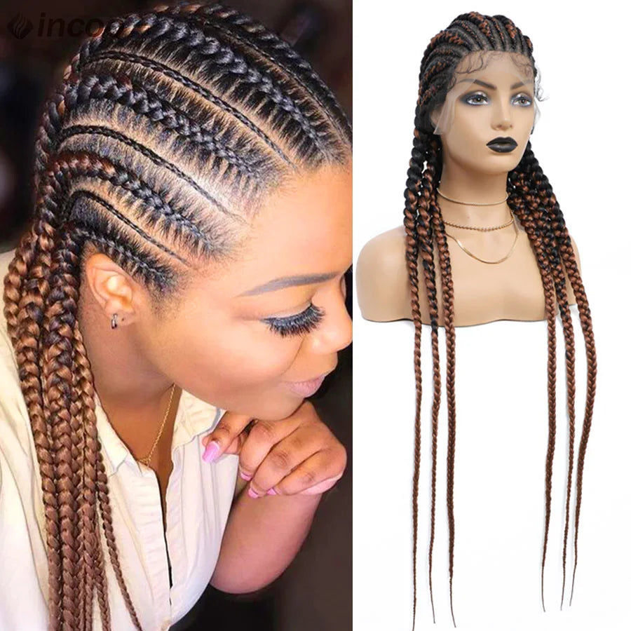 Synthetic Full Lace Cornrow Braided Wigs 36'' Lace Front Wig Jumbo Braids Wig For Black Afro Women Goddess Twists Box Braids Wig Luxegan