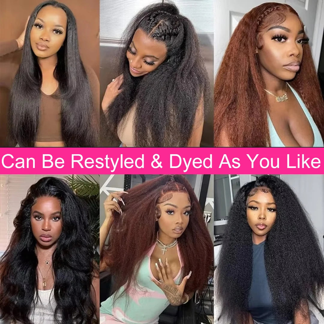 Kinky Straight 360 HD Lace Frontal Wig | Yaki Straight Ponytail Human Hair Wig for Black Women (Transparent Lace, Clearance Sale) Luxegan