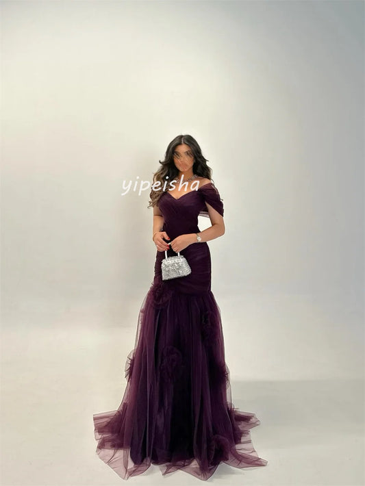 Handmade Flower Tulle A-Line Off-Shoulder Gown | Bespoke Formal Evening Dress Luxegan
