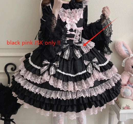 Women's Sweet Lolita JSK Suspender Dress Set | Original Doll Feeling Princess Fairy Mini Gown | Elegant Lace Bow Spaghetti Strap Cake Dress | Premium Tatting Slight Stretch Empire Waist Vestido Luxegan