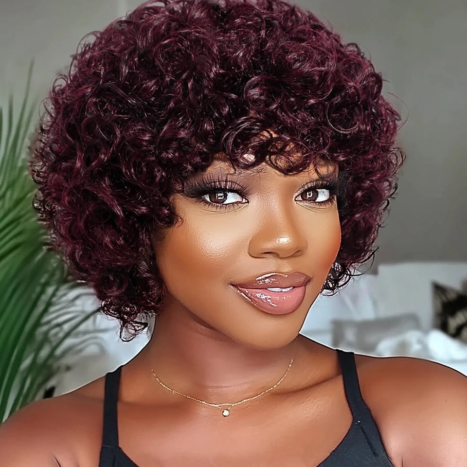 Sleek Short Pixie Afro Kinky Curly Wig with Bangs | Glueless Peruvian Human Hair Bob Luxegan